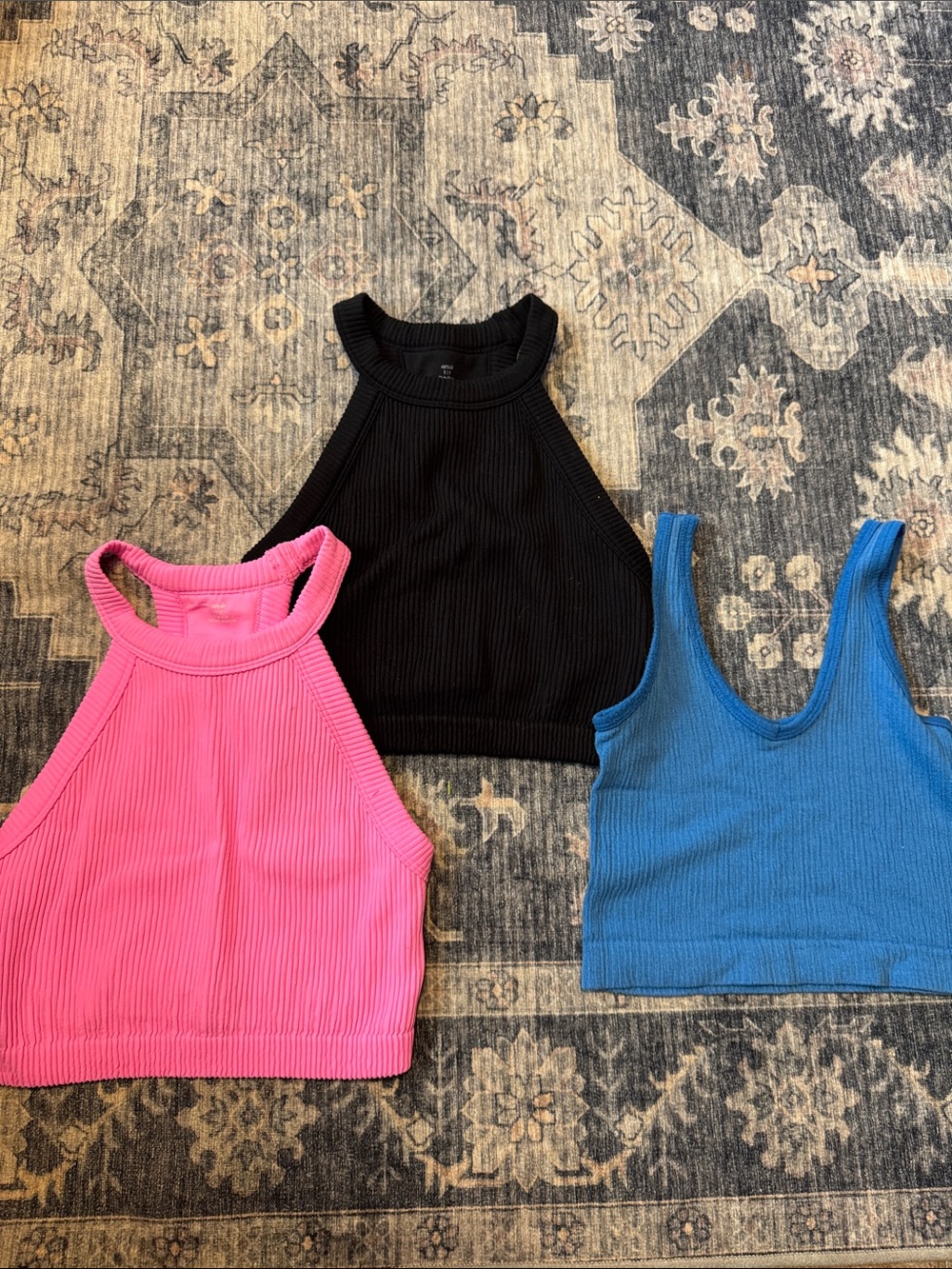 aerie Ribbed Halter and Scoop Crop Top Set — Black, Pink, Blue